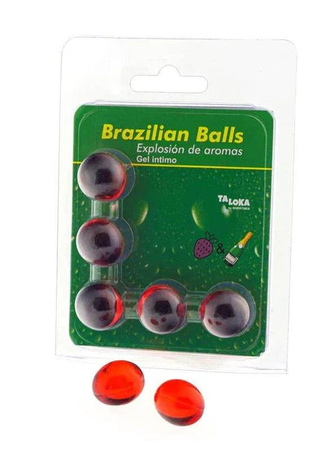 Set 5 Brazilian Balls in clear blister packaging, with five dark translucent balls featuring bright red bands and green labeling.