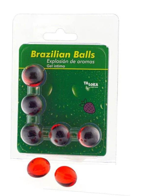 Set 5 Brazilian Balls Strawberry Flavor featuring five translucent red gel-filled balls in green branded packaging.