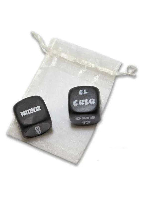 Set Action Dice with two black rounded dice printed with white action words, paired with a sheer white drawstring pouch.