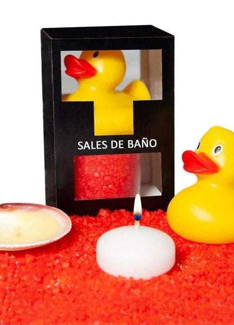 Set Bath Salts Red Fruits in a black windowed gift box with bright red crystals, yellow rubber duck and white candle