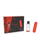 Vibrating Bullet set with a red silicone vibrator, clear gel bottle, and black-and-red Double Fun packaging.