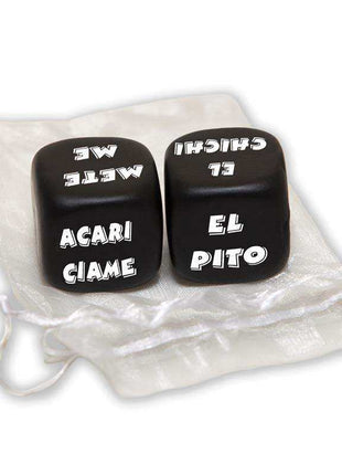 Set of 2 Dice Kiss Me with two black rounded dice and bold white lettering, shown with a sheer white drawstring pouch