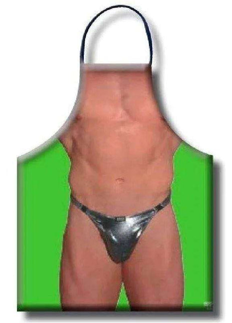 Sexy Apron with a bright green border and printed bare torso wearing metallic silver briefs