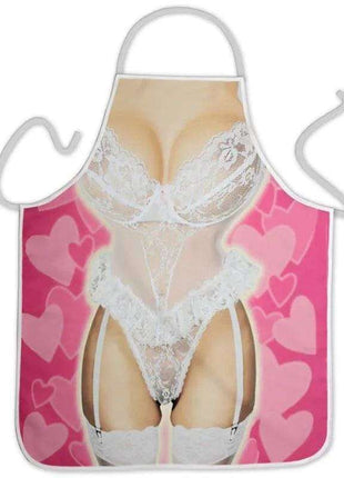 Sexy Apron with a pink heart-print panel and a printed white lace lingerie design