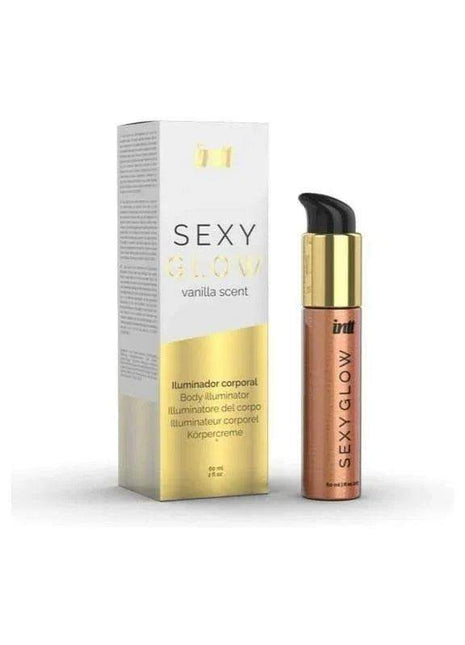 Sexy Glow Body Illuminator Cream in a rose-gold pump bottle with a black dispenser and gold collar, beside its white and gold box
