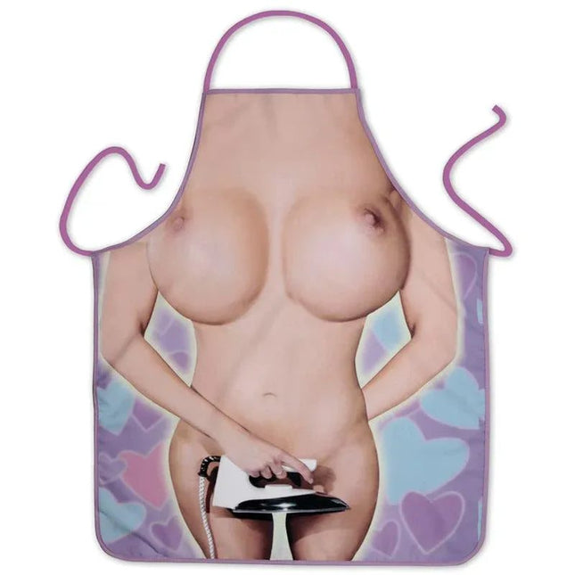 Woman wearing a stylish sexy ironing apron while ironing clothes with steam iron