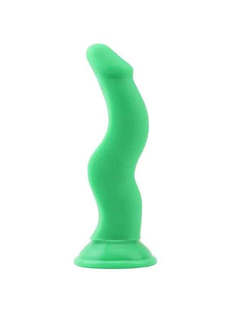 Shane G Green silicone curved personal massager in bright green, with a flared circular base and smooth surface