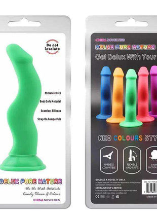 Shane G Green silicone novelty product, bright green with a curved shape and flared suction base in retail packaging