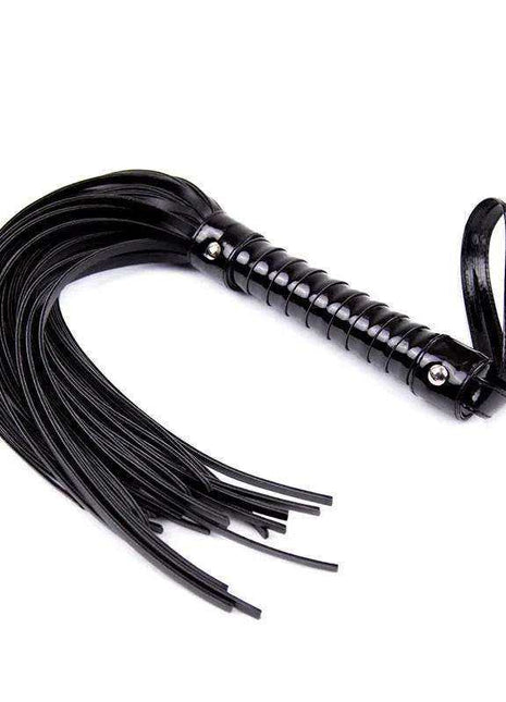 Shinny Handle Flogger with a glossy black ribbed handle, wrist loop and multiple long black tails