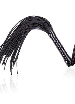 Shinny Handle Flogger with a glossy black ribbed handle, wrist loop and long thin black tails