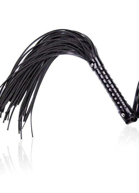 Shinny Handle Flogger with a glossy black ribbed handle, wrist loop and long thin black tails