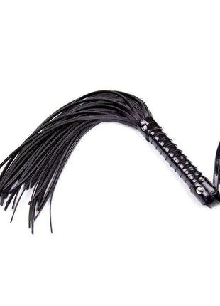 Shinny Handle Flogger with a glossy black ridged handle, wrist loop and long thin black tails