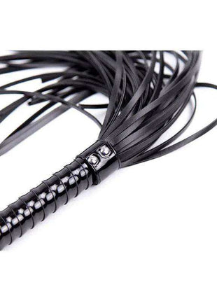 Shinny Handle Flogger with a glossy black studded handle and long, flexible black tails