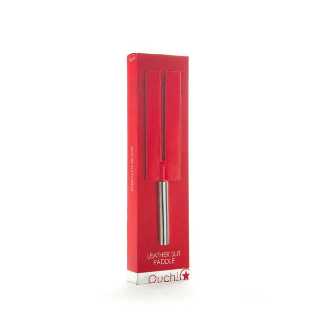 Shots Ouch! Whips and Paddles Leather Slit Paddle Red