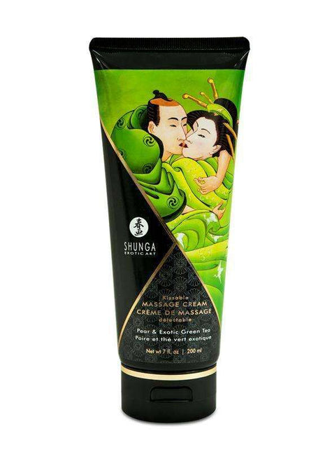 Shunga Massage Creme Green Tea 200ml bottle with Japanese erotic art design and refreshing green tea aroma for sensual couples massage
