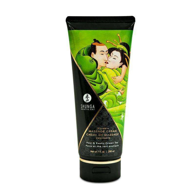 Shunga Massage Creme Green Tea 200ml bottle with Japanese erotic art design and refreshing green tea aroma for sensual couples massage