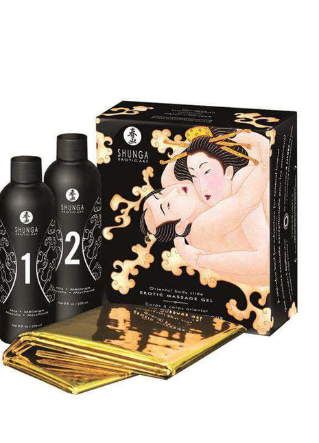 Shunga Massaje Gel Kit with black numbered bottles, illustrated black box, and folded gold massage sheet