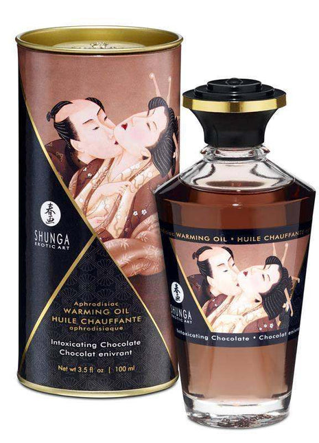 Shunga Warming Massage Oil Chocolate Aroma 100ml bottle with heat-activated, silky natural oil and subtle chocolate scent for sensual massages