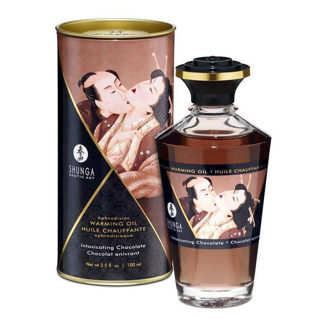 Shunga Warming Massage Oil Chocolate Aroma 100ml bottle with heat-activated, silky natural oil and subtle chocolate scent for sensual massages