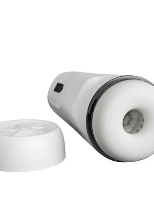 Compact male masturbator device with vibration and interactive talk features displayed on a white background