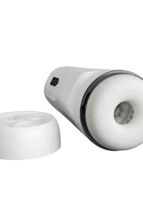 Compact male masturbator device with vibration and interactive talk features displayed on a white background