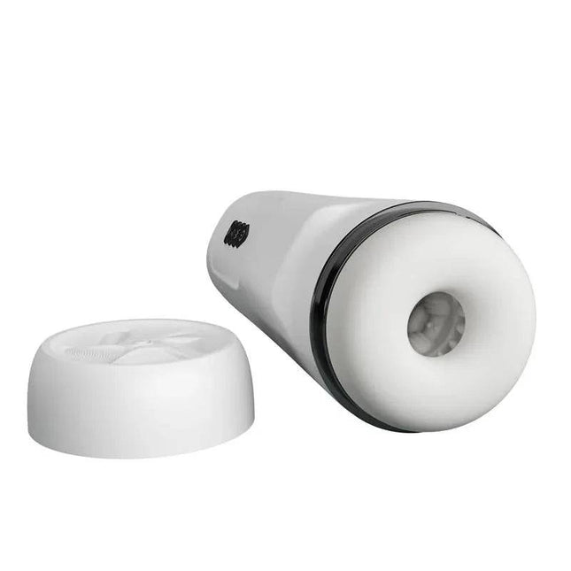 Compact male masturbator device with vibration and interactive talk features displayed on a white background