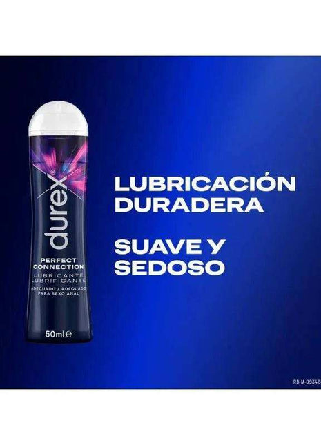 Silicone Base Lubricant in a dark blue Durex Perfect Connection 50 ml bottle with a white cap and silky glide label