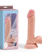 Silicone Density Realistic Dildo in pale pink silicone, with a veined shaft and flared suction-cup base beside its retail box