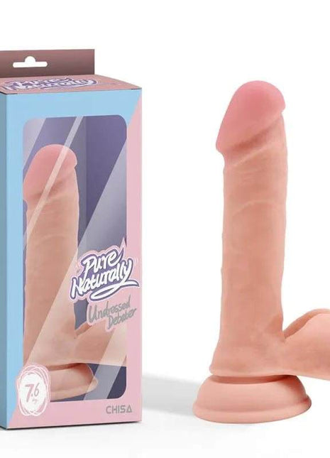 Silicone Density Realistic Dildo in pale pink silicone, with a veined shaft and flared suction-cup base beside its retail box