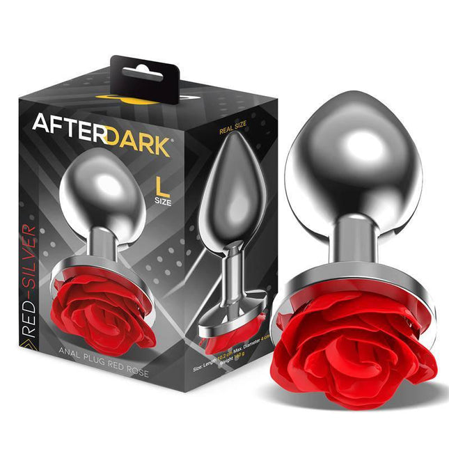 Silver Metal Anal Plug Size L with Red Rose Base