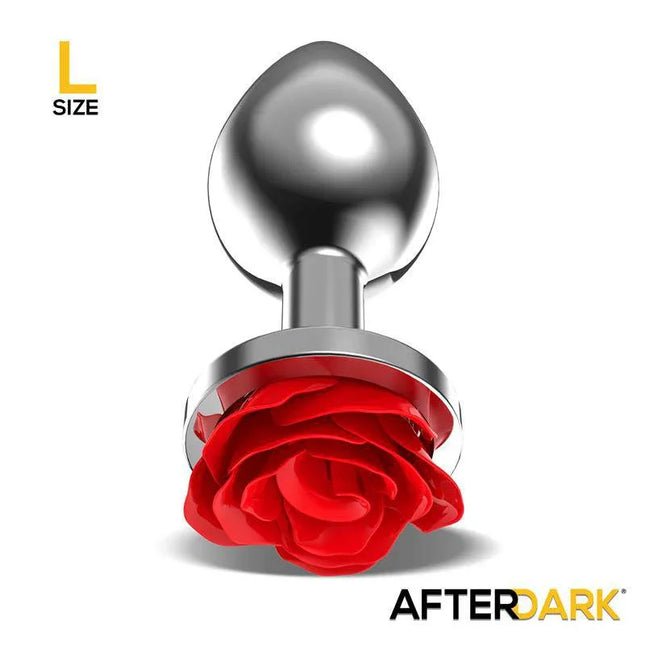 Silver Metal Anal Plug Size L with Red Rose Base