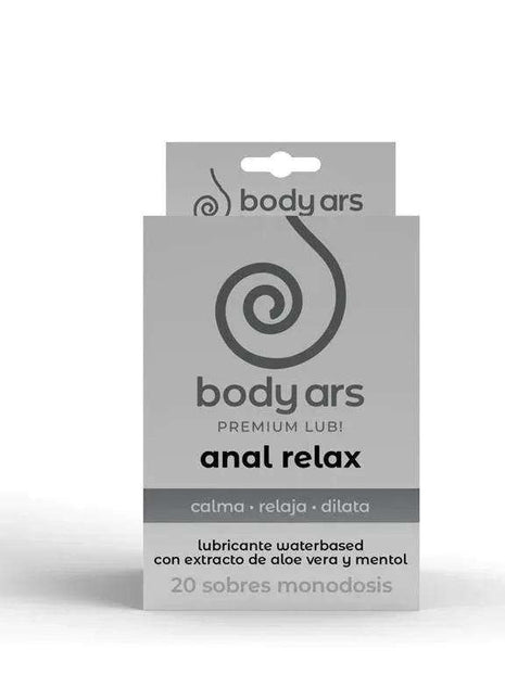 Single Dose Anal Relaxing water-based lubricant gel in a grey and white box labeled anal relax with 20 single-use sachets