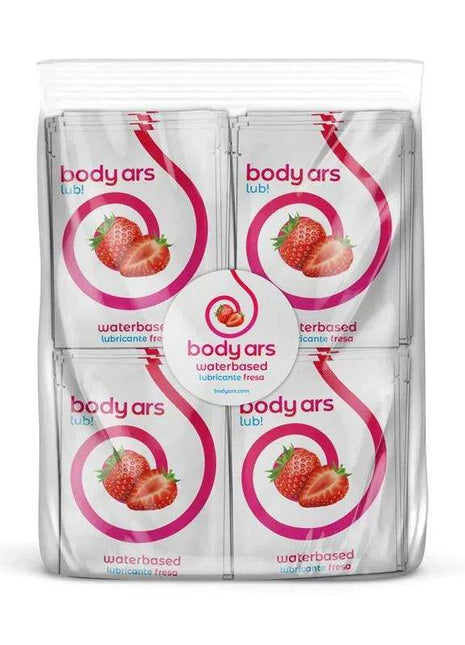 Single-dose Water-Based Lubricant sachets in a clear pouch, with white packaging, pink graphics and strawberry images