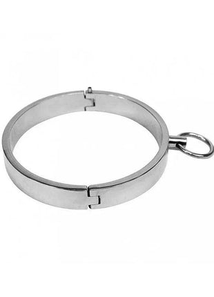 Slave Collar-12 CM, a smooth silver-tone metal collar with a hinged clasp and attached circular ring