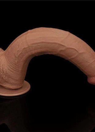Sliding Skin Dual Layer dildo in realistic brown TPE, featuring a curved flexible shaft, suction base and dual-layer tip