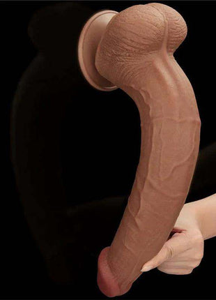 Sliding Skin Dual Layer realistic dildo in flesh-tone textured material, curved and flexible with a suction cup base