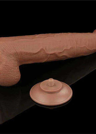 Sliding Skin Dual Layer dildo in flesh-toned textured material, with a realistic ridged shaft and separate suction-cup base