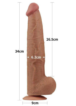 Sliding Skin Dual Layer dildo in realistic tan TPE with textured shaft, curved base, and suction cup