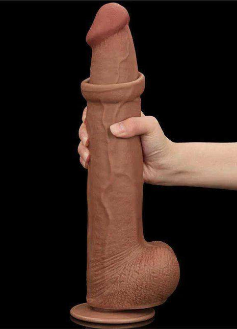 Sliding Skin Dual Layer dildo in tan, textured flexible material with a realistic shape and wide suction base