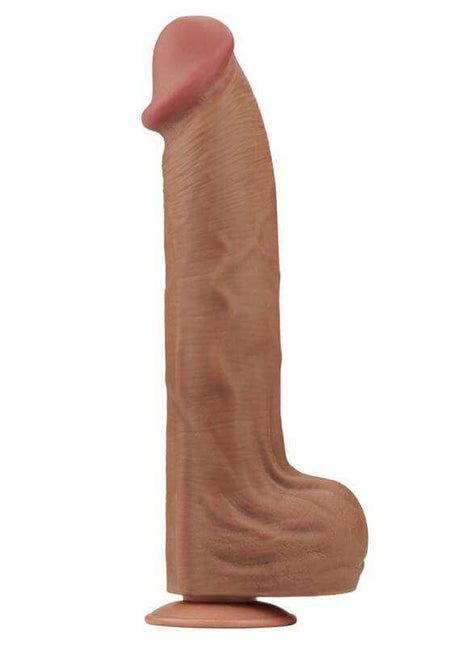 Sliding Skin Dual Layer dildo in tan dual-layer TPE with a textured shaft, rounded head, and flared suction-cup base