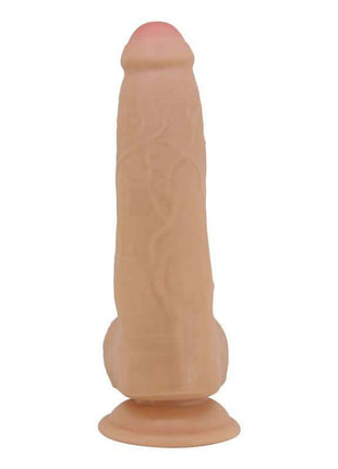 Sliding Skin Realistic Dildo in light tan TPR with a textured shaft, rounded head, testicles and suction cup base