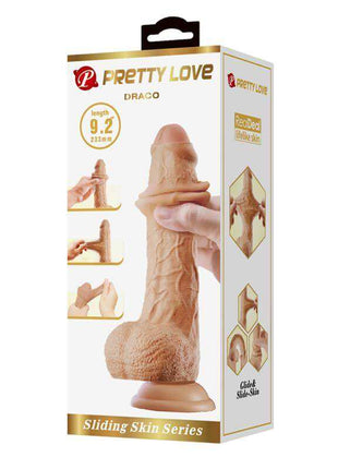 Sliding Skin Realistic Dildo in tan textured TPR with realistic shaft, pronounced head, testicles, and suction cup base