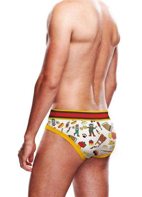 Slip Berlin men's briefs in white fabric with colorful novelty print, yellow trim and a striped waistband