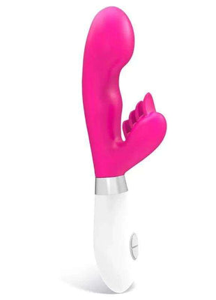 Sliper Rabbit Vibe with a bright pink dual-stimulation head, smooth silicone body, silver collar and white handle