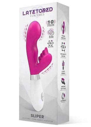 Sliper Rabbit Vibe pink silicone rabbit vibrator with a white handle, shown on its retail packaging