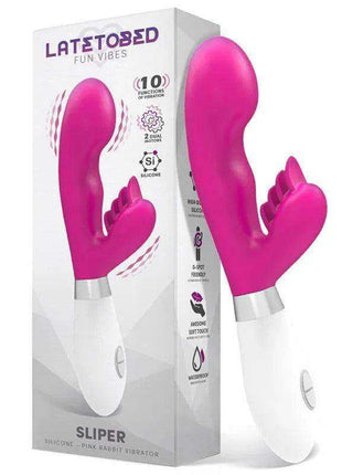 Sliper Rabbit Vibe pink silicone rabbit vibrator with dual stimulation branches, white handle and silver accent