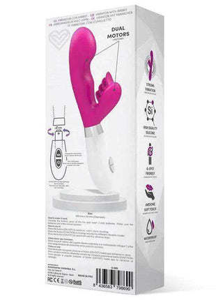 Sliper Rabbit Vibe in bright pink and white silicone, with a curved dual-stimulation rabbit design and control button