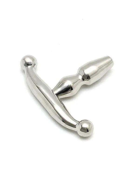 Small Urethral Plug in polished silver-tone metal, with a tapered stem and curved bar ending in rounded ball tips