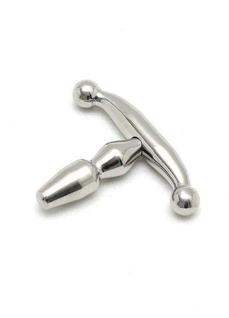 Small Urethral Plug in polished silver-tone metal with a tapered insertion tip and curved bar ending in round beads