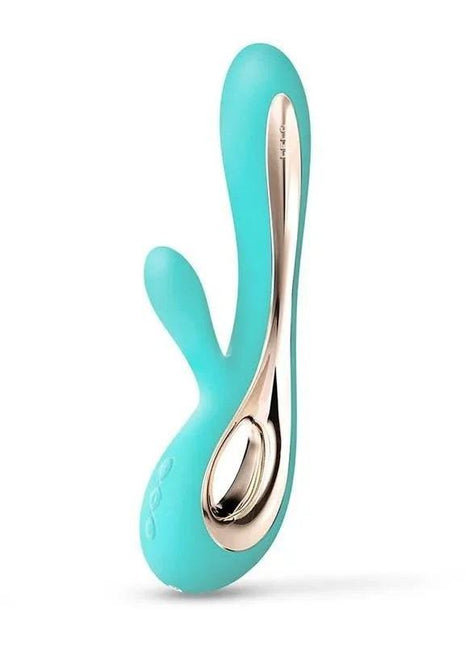 SORAYA 2 Aqua teal handheld device with a smooth curved silicone body, rose-gold metallic inset, and three control buttons